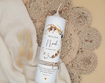 Candela per battesimo "Boho Wreath - Noah" | Candela per battesimo boho personalizzata con ghirlanda di foglie | Regalo per battesimo | Fatto a mano
