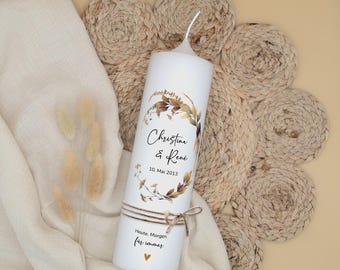 Wedding candle "Boho Wreath - Christina & René" | Boho wedding candle with leaf wreath | Personalized | Wedding with names and date