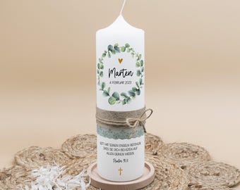Candela da battesimo "Ghirlanda di eucalipto" | Candela da battesimo personalizzata con decorazione di eucalipto | Candela artigianale per battesimo | Regalo per battesimo