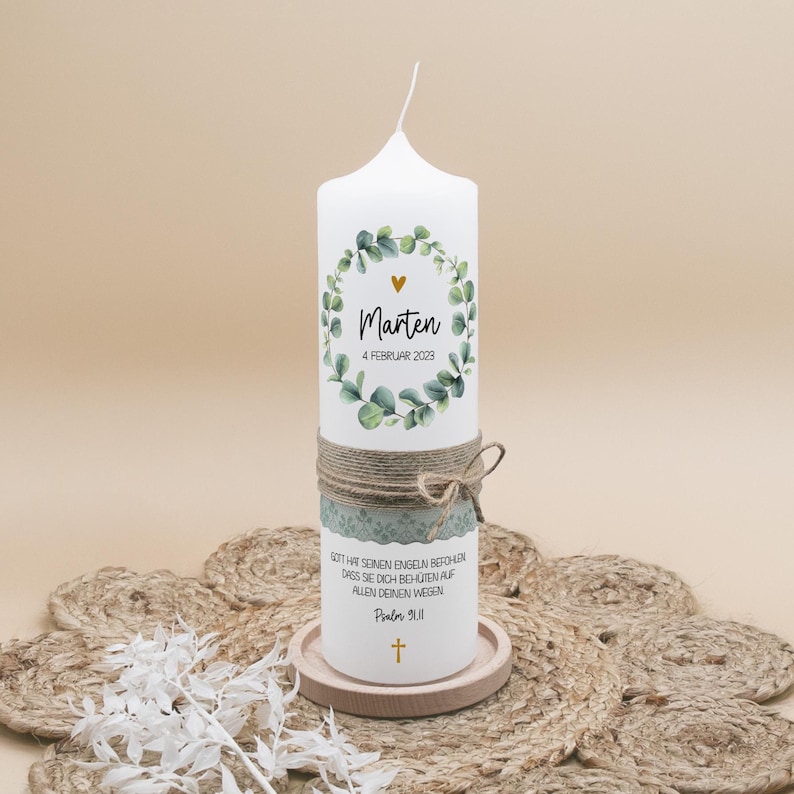 Christening candle "Eucalyptus wreath" | Personalized christening candle with eucalyptus design | Handmade candle for christening | Christening gift image 1
