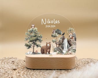 Personalized Night Light FOREST ANIMALS NIKOLAS | LED Night Light with Name | Children's Lamp with Forest Animal Motif | Gift for Newborns