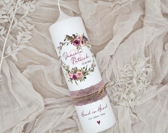 Wedding candle "Flower wreath – Daniela & Patrick" | Wedding candle with flowers | personalized | Wedding candle with names and date