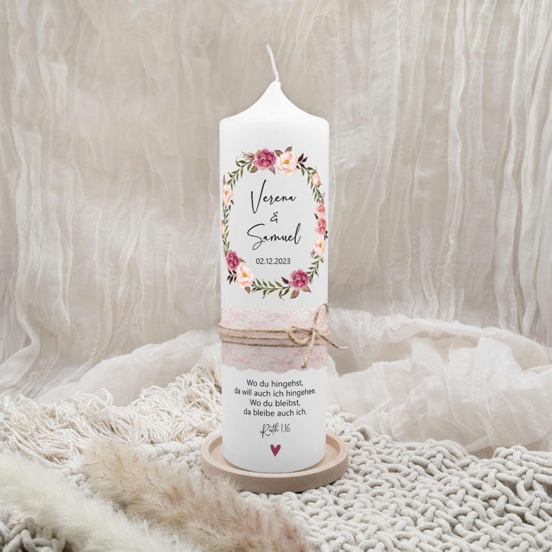 Wedding candle "Romance" – romantic wedding candle with flowers | personalized | wedding candle with name & date image 1