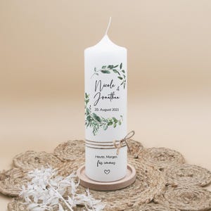 Wedding candle &quot;Greenery – Nicole & Jonathan&quot; | Wedding candle with eucalyptus and leaves | personalized | Wedding with names and date