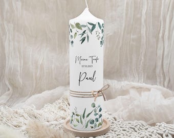 Candela da battesimo "Eucalipto Paolo" | Semplice ghirlanda di eucalipto verde | Candela da battesimo personalizzata per bambini | Fatta a mano