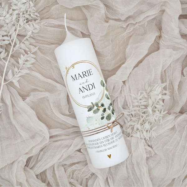 Wedding candle "Eucalyptus – Marie & Andi" | Wedding candle with eucalyptus | personalized | Wedding candle with names and date