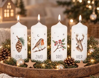 Advent candles “Forest Christmas” | 4 Christmas candles for Advent wreath | Candles with numbers | Robin & deer | Scandinavian Advent decoration
