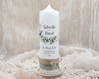 Trouwkaars "Eucalyptus" - Gabriella & Pascal | Trouwkaars met eucalyptus | gepersonaliseerd | Trouwkaars met naam en datum