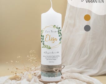 Candela da battesimo “Eucalipto - Elisa” | Candela da battesimo personalizzata con motivo all'eucalipto | Candela artigianale per battesimo | Regalo per battesimo