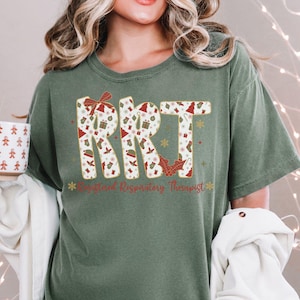 Trendy Coquette Christmas Respiratory Comfort Colors Shirt, Cute Preppy RRT T-shirt, Gift for Respiratory Therapist, RRT Holiday Tee