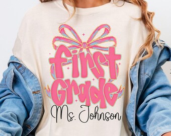 First Grade Custom Teacher Back To School Coquette Comfort Colors Tee, Group Teacher Team Matching T-shirts, First Day Of School Crew Shirt