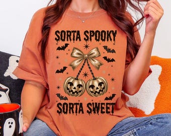Spooky-Sweet Coquette Halloween Comfort Colors T-Shirt, Sorta Spooky Sorta Sweet Shirt, Cute Pumpkin Cherries Tee, Jack O Lantern T-shirt