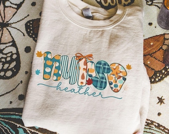 Custom Fall Nurse Sweatshirt with Name, Personalized Nurse Gift, Pumpkin Sweater, Fall Coquette Crewneck for Nurses