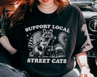 Support Your Local Street Cats Graphic Comfort Colors T-Shirt, Retro Unisex Adult T Shirt, Vintage Raccoon T Shirt, Nostalgia T Shirt