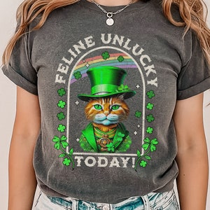 St. Patrick&#39;s Day Comfort Colors Shirt, Shamrock Cat St. Patty&#39;s Day T-shirt, Funny Feline Unlucky St. Patrick&#39;s Day Graphic Shirt Design