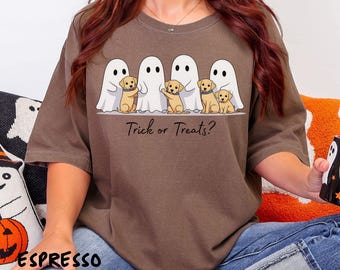 Trick or Treats Funny Ghost Halloween Dog Comfort Colors Shirt, Cute Ghost Dog Halloween Shirt, Spooky Dog Mom Tee, Adorable Pet Fall Shirt