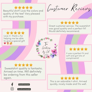 May include: A pink and purple graphic with customer reviews for a t-shirt studio. Reviews include phrases like "Beautiful shirt!" and "Great customer service." The studio logo is a floral wreath with the text "Tee Creations by Cat."