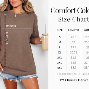 May include: A brown unisex t-shirt with a size chart. The chart lists sizes S to 4XL, with length and width measurements in inches. The t-shirt is labeled "1717 Unisex T-Shirt."