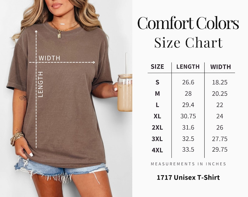 May include: A brown unisex t-shirt with a size chart. The chart lists sizes S to 4XL, with length and width measurements in inches. The t-shirt is labeled "1717 Unisex T-Shirt."