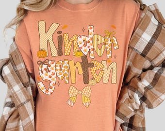 Fall Kindergarten Teacher Comfort Colors Pumpkin Tee, Cute Autumn Fall Break Shirt for Educators, Back to School Apparel Fall Vibes T-shirt