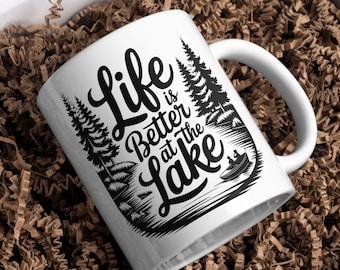 La vida es mejor en el lago. Taza de 325-444 ml, taza de café familiar para la vida en el lago, taza para amantes del lago, regalo para la casa del lago, decoración para la casa del lago, regalo de inauguración de la casa.