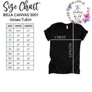 May include: Size chart for a Bella Canvas 3001 unisex t-shirt. The chart shows the width and length measurements in inches for sizes XS to 5XL.