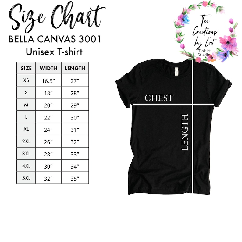 May include: Size chart for a Bella Canvas 3001 unisex t-shirt. The chart shows the width and length measurements in inches for sizes XS to 5XL.