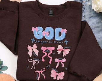 God Says I Am Coquette Bow Sweatshirt, Christian Mom Shirt, Christian Girl Gifts, Hoodie, Women's Christian Crewneck, Pink Bible Verse Tee