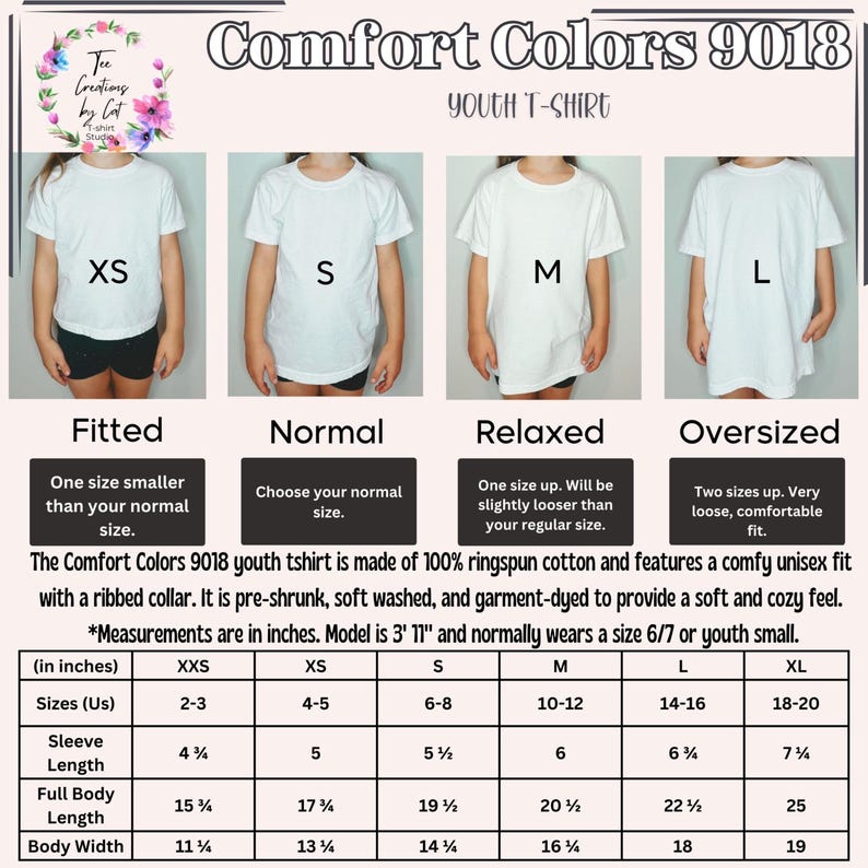 May include: White Comfort Colors 9018 youth t-shirts in XS, S, M, and L sizes, displayed on models. The shirts are pre-shrunk, soft, and garment-dyed. Measurements are in inches, with sleeve lengths from 4 1/4" to 7 1/4" and body widths from 11 1/4" to 19".