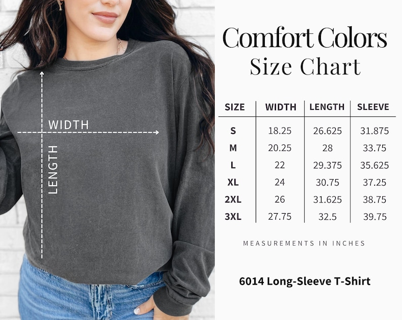May include: A dark gray long-sleeve t-shirt with a size chart. The chart lists measurements in inches for width, length, and sleeve length for sizes S through 3XL. The shirt is labeled as a 6014 Long-Sleeve T-Shirt.