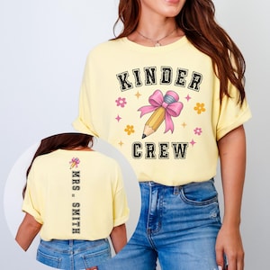 Custom Kindergarten Teacher Varsity Comfort Colors Shirt, Personalized Back to School Tee, Teacher Appreciation Gift, Kinder Crew T-Shirt