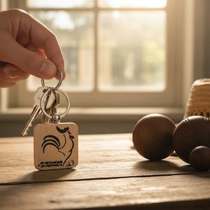 Peut inclure: Un porte-clés en bois avec un dessin de coq et des clés, tenu par une main. Le porte-clés est sur une table en bois avec trois boules en bois et un chapeau de paille. Le texte sur le porte-clés se lit "FF Pétanque AIN PROVENCAL".