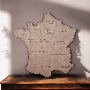 Carte de France en bois brut - géographie - département - villes - école -