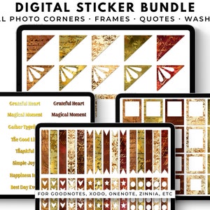 May include: Digital sticker bundle for Goodnotes, Xodo, OneNote, and Zinnia apps. The bundle includes gold and red photo corners, frames, quotes, and washi tape with a vintage aesthetic.