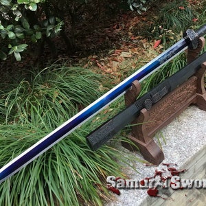 Hand forged Chinese Sword with Black Wood Scabbard, Custom Chinese Sword Blade with Blue Acid Dye, 1060 Carbon Steel Chinese Sword for Sale