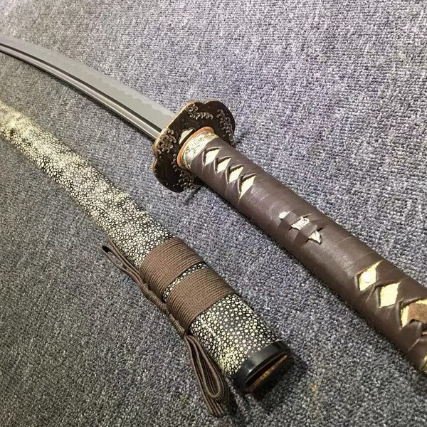 Japanese Katana Sword, Tamahagane Steel Katana Sword, Black Rayskin Saya Japanese Sword, Japanese Samurai Sword, Handmade Japanese Katana