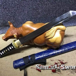 Real Tanto with Blue and Gold Saya, Custom Tanto Knife for Sale, T10 Tanto Knife with Black Leather Ito Wrap, Handmade Tanto Knife