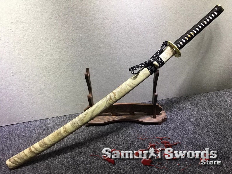 T10 Clay Tempered Steel Katana Samurai Sword, Full Tang Real Katana Blade with Red and Black Acid Dye, Buy Katana with Marble Pattern Saya image 5