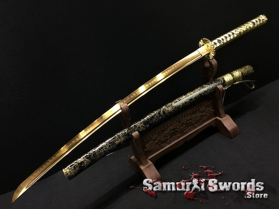 Hand Forged Katana Blade, T10 Katana Clay Tempered Steel With Gold Acid Dye  & O-kassaki, Custom Katana With Synthetic Gold Leather Wrap -  Israel