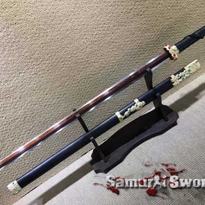 Chinese Jian Blade with Red Acid Dye, Folded Steel 1095 Chinese Sword with Brass Fittings, Full Tang Chinese Jian Sword for Sale