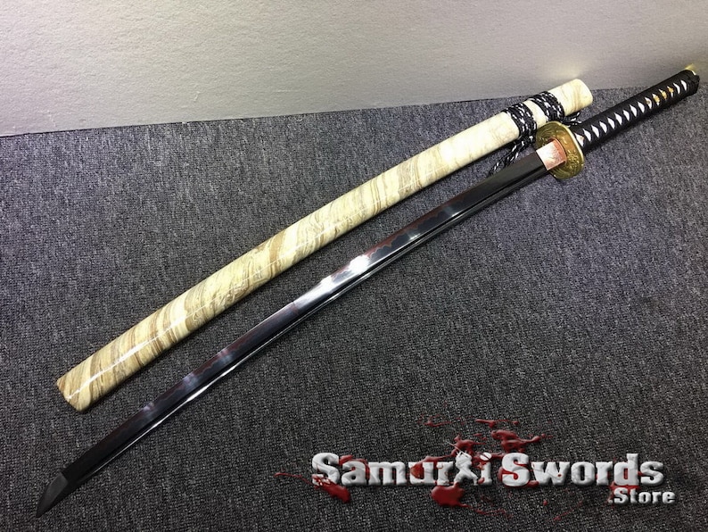T10 Clay Tempered Steel Katana Samurai Sword, Full Tang Real Katana Blade with Red and Black Acid Dye, Buy Katana with Marble Pattern Saya image 7