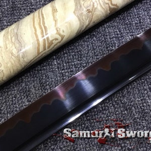 T10 Clay Tempered Steel Katana Samurai Sword, Full Tang Real Katana Blade with Red and Black Acid Dye, Buy Katana with Marble Pattern Saya image 4