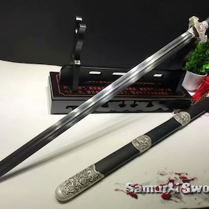 Traditional Handmade Carbon Steel Chinese Jian Sword with Ebony Wood