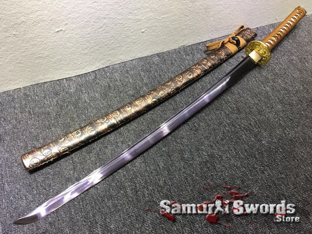 Damascus Steel Katana, Japanese Samurai Katana Sword With Purple Acid