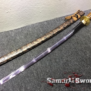 Damascus Steel Katana, Japanese Samurai Katana Sword with Purple Acid Dye, Katana Blade with Bohi, Folded Steel 1095 Katana Sword for Sale