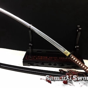 T10 Clay Tempered Steel Hand Made Katana, Real Katana Sword with Black Lacquered Wood Saya, Samurai Katana with Synthetic Brown Leather Wrap