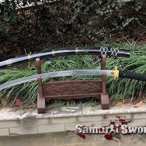 Full Tang Custom Tachi Sword, Shinken Tachi Sword with Black Crest Saya, Carbon Steel 1060 Tachi Blade with Bohi