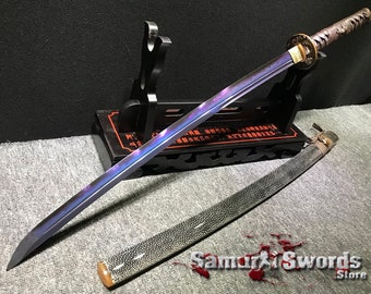 Buy Katana for Sale, Hand Made Katana, T10 Folded Clay Tempered Katana with Feather Hadori Polish, Purple Acid Dye Katana Blade