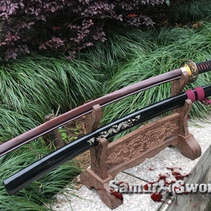 Real Katana for Sale with Red Acid Dye, Clay Tempered T10 Katana Blade with Seashell Dragon Saya, Handmade Katana Sword with Hadori Polish