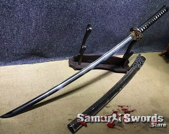 Japanese Samurai Katana, Real Katana for Sale with Buffalo Horn Saya, Folded Clay-temprered T10 Katana with Hadori Polish